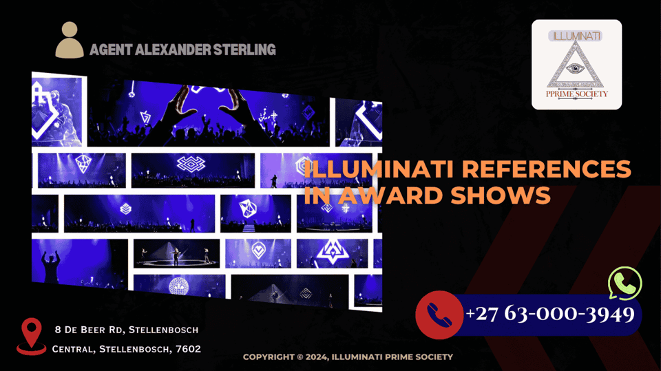 A collage of award show stages with mysterious symbols, cryptic hand gestures, and artists performing with enigmatic backgrounds.