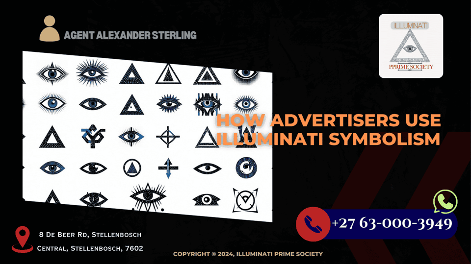 A collage of famous brand logos subtly featuring Illuminati symbols, such as the all-seeing eye and pyramids.