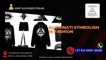 A collage of modern fashion pieces featuring Illuminati symbols like the all-seeing eye, pyramids, and other esoteric designs.