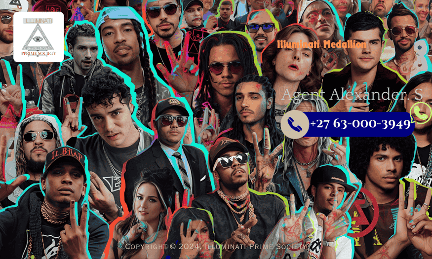 A collage of popular music artists making hand gestures and symbols often associated with the Illuminati. (2)