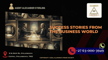 A collage of successful business people shaking hands, closing deals, and celebrating milestones, symbolizing the economic empowerment of Illuminati members.