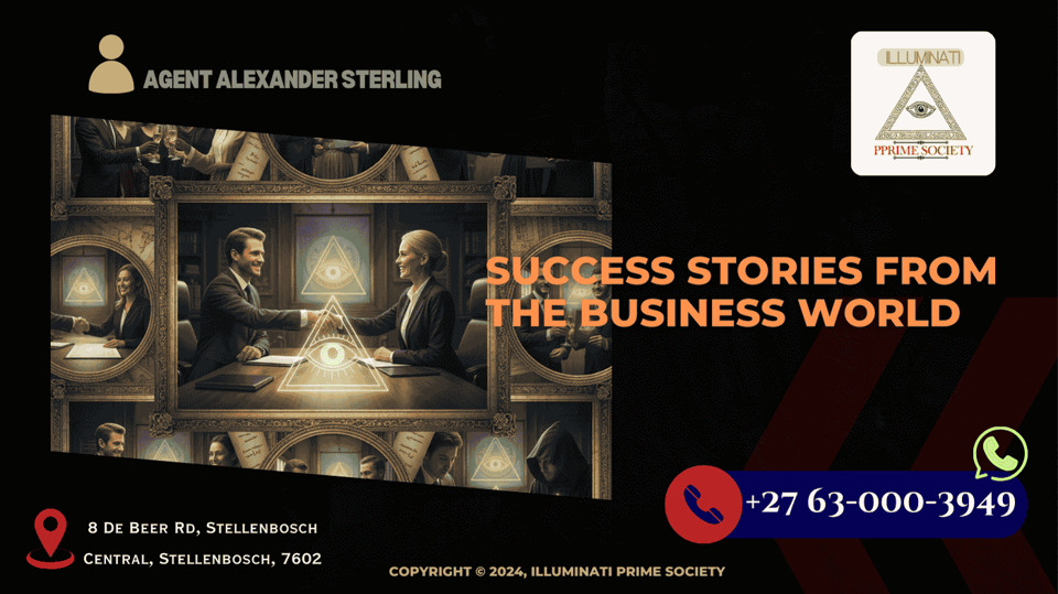A collage of successful business people shaking hands, closing deals, and celebrating milestones, symbolizing the economic empowerment of Illuminati members.