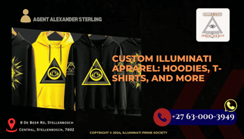 A collection of custom-designed Illuminati hoodies and t-shirts with eye-catching symbols and intricate patterns.