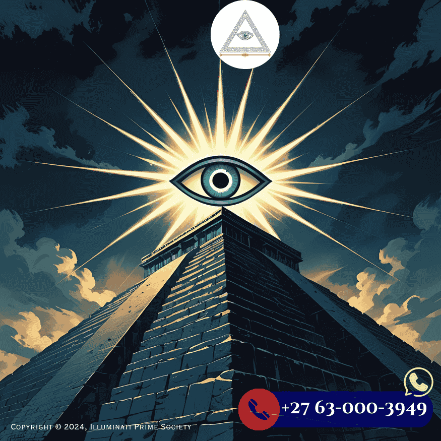 A dark, mysterious pyramid with an eye symbol at the top, glowing in an eerie light, representing the secretive nature of the Illuminati.