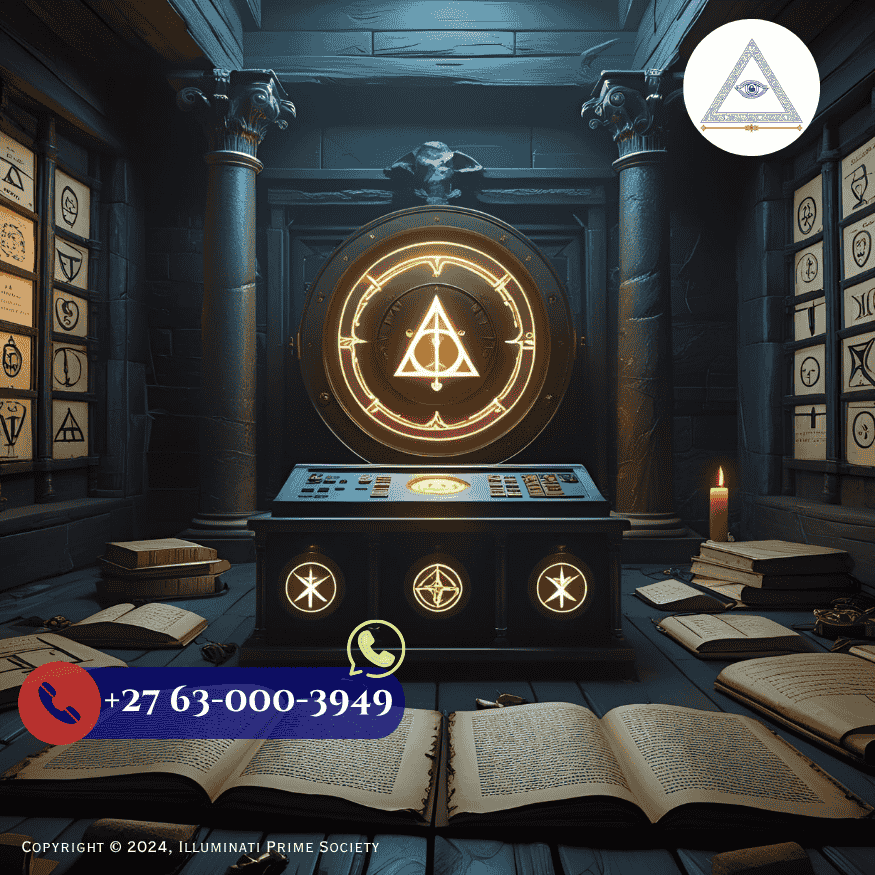 A dimly lit chamber featuring a glowing Illuminati Vault console surrounded by ancient manuscripts and symbols.