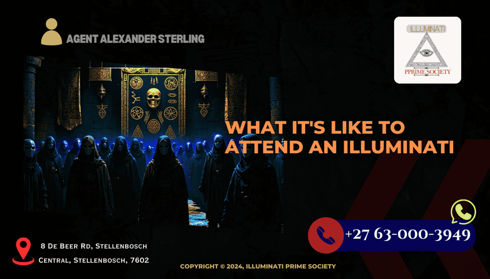 A dimly lit room filled with people in masks, surrounded by symbols and ancient artifacts, hinting at a secretive and exclusive gathering.