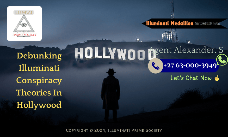 A dramatic image of Hollywoods iconic sign shrouded in mystery, with a shadowy figure representing conspiracy theories.