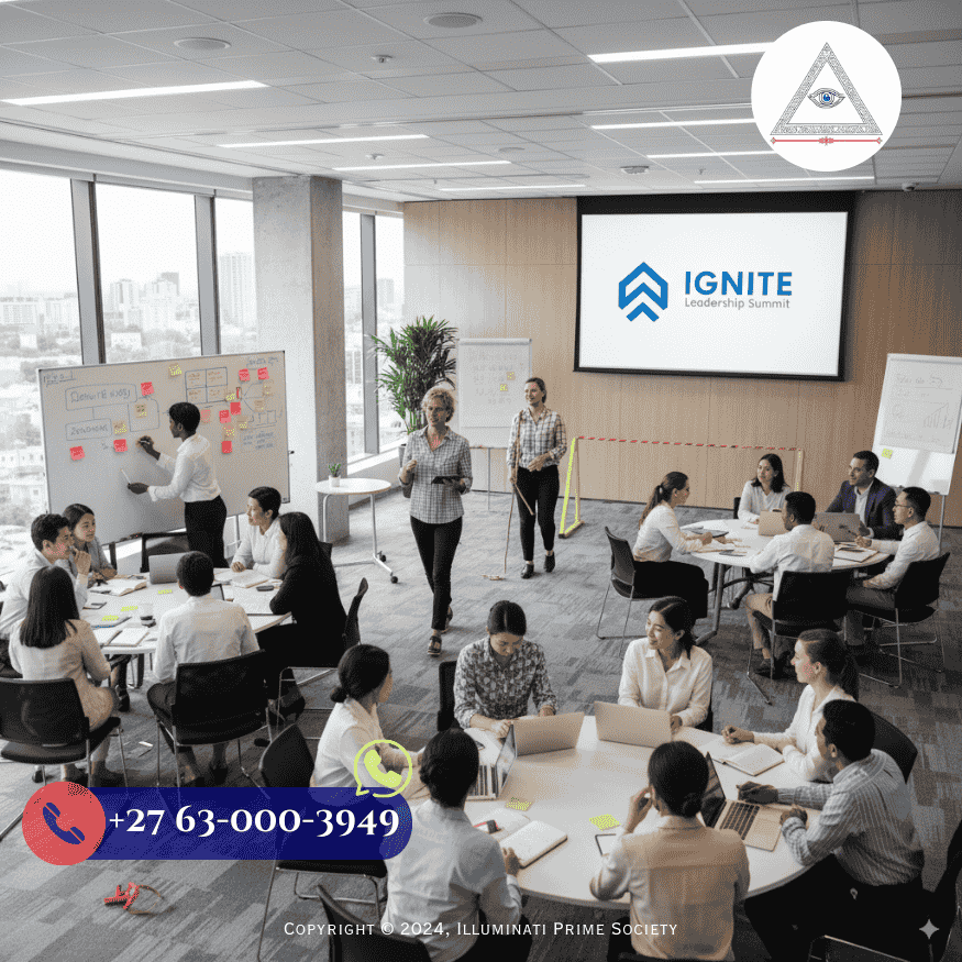 A dynamic workshop setting where a diverse group of professionals actively engage in a leadership training session.