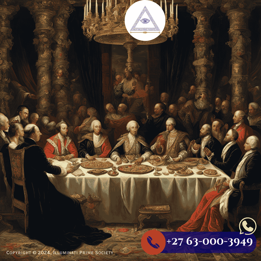 A vintage illustration of Illuminati members discussing secret plans in a candlelit room.