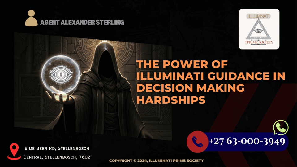 A mysterious figure holding a glowing orb with an all-seeing eye symbol, representing the Illuminatis wisdom in decision making.