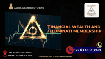 A mysterious symbol representing the Illuminati, with a backdrop of financial charts and wealth indicators.