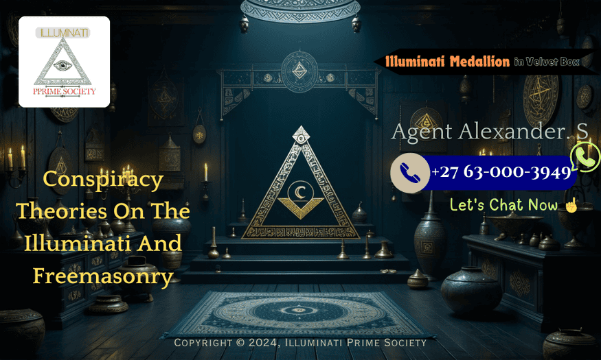 A mysterious, dimly-lit room with symbolic artifacts representing the Illuminati and Freemasonry.