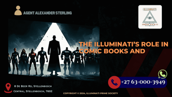 A mysterious, shadowy figure looming over a group of iconic superheroes, symbolizing the hidden influence of the Illuminati.