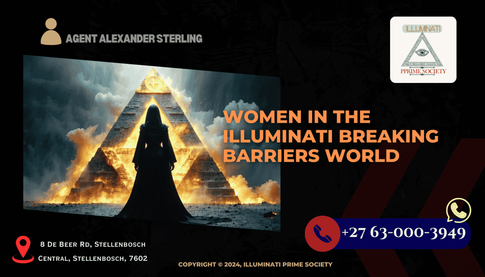 A powerful and mysterious woman standing before a symbolic Illuminati pyramid, representing strength and secrecy.