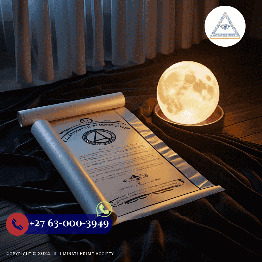 A sealed Illuminati membership scroll placed beside a glowing orb under moonlight, symbolizing invitation and mystery.