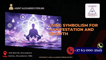 A serene image of a person meditating surrounded by symbols like a lotus flower, infinity sign, and other spiritual icons, illustrating the concept of symbolism in manifestation.
