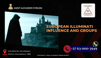 A shadowy figure in a hooded cloak standing in front of an ancient European castle, symbolizing mystery and secret societies.