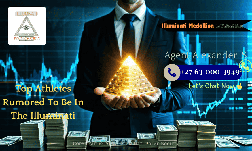 A shadowy figure in a suit, holding a glowing pyramid symbol, surrounded by stacks of money and financial charts.