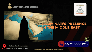 A shadowy figure overlooking a map of the Middle East, symbolizing the secretive nature of the Illuminati.