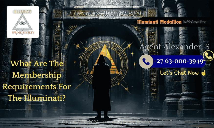 A shadowy figure standing before a grand, ancient door adorned with Illuminati symbols, symbolizing the secrecy and allure of the secret society.
