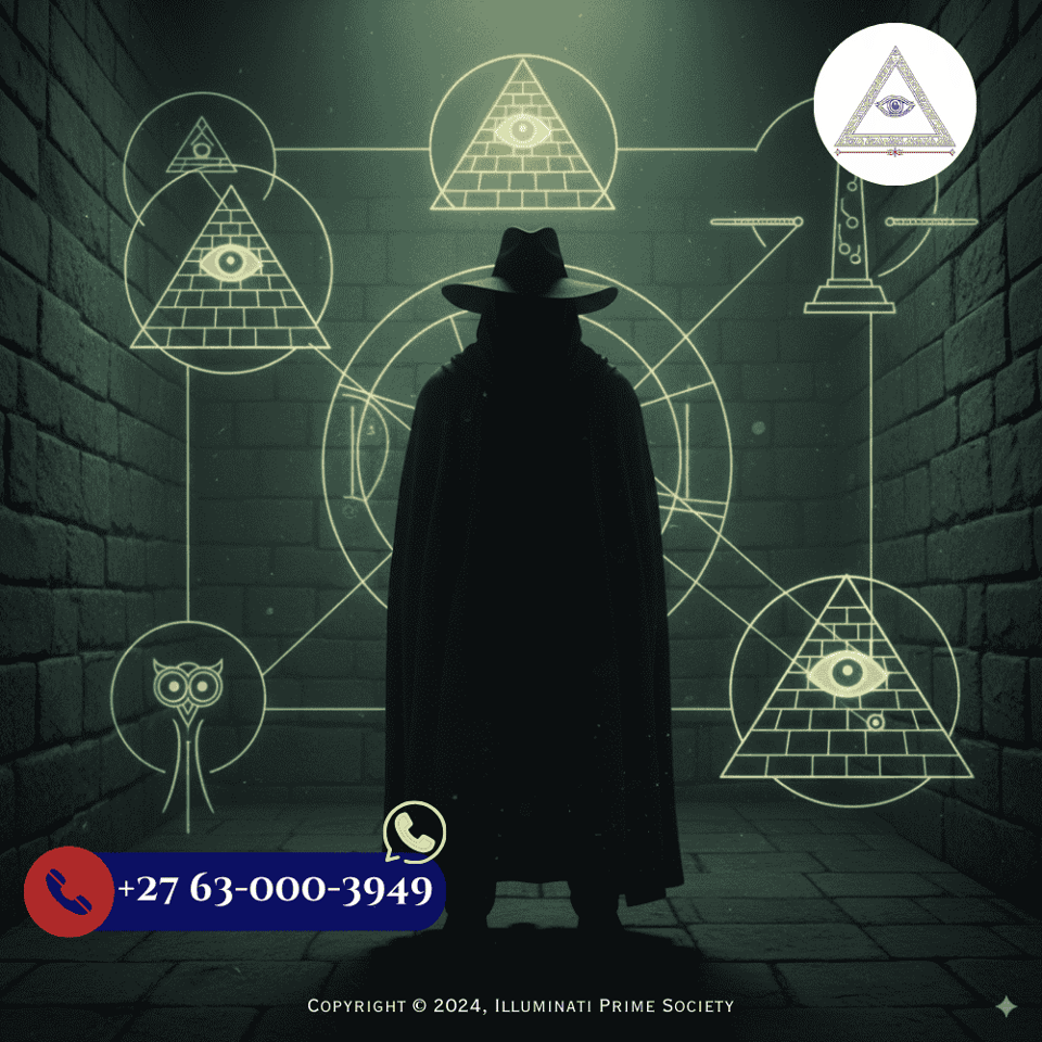 A shadowy figure surrounded by symbols associated with the Illuminati, such as the all-seeing eye and pyramids, representing the enigmatic nature of the conspiracy.