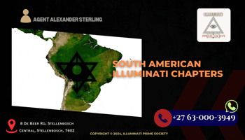 A shadowy symbol of the Illuminati superimposed over a map of South America