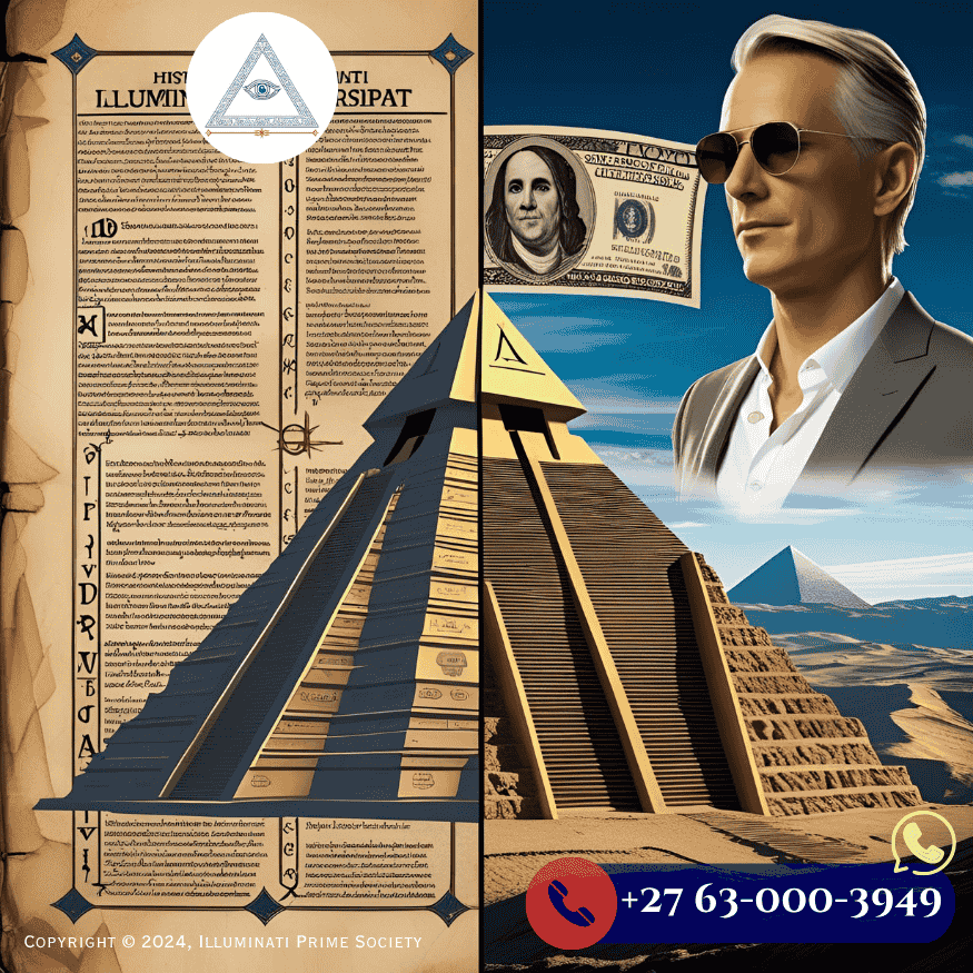 A split image showing historical Illuminati manuscripts contrasted with modern pop culture references (pyramids, dollar bills, celebrities). (1)