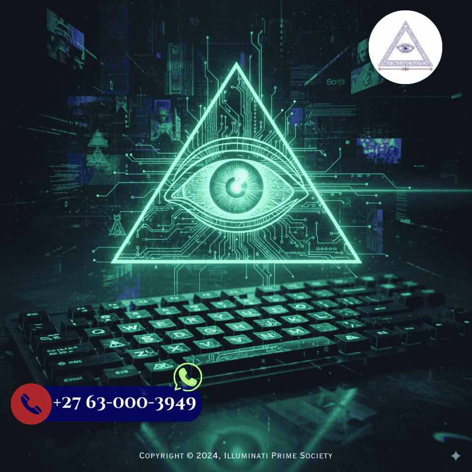 A symbolic representation of the Illuminati with an all-seeing eye over a keyboard, signifying the theorys pervasive presence in online spaces.