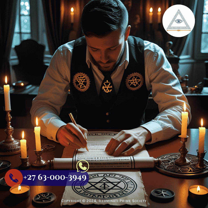 An Illuminati member filling out an application scroll by candlelight with ritual symbols on the desk. (1)