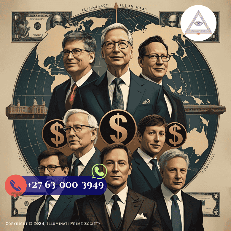 An artistic depiction of powerful business leaders such as Bill Gates, Warren Buffett, and Elon Musk with symbolic imagery like dollar signs and global maps, representing theories about their  con