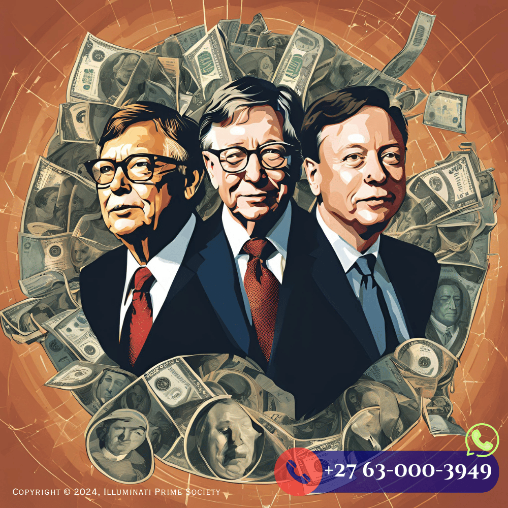 An artistic depiction of powerful business leaders such as Bill Gates, Warren Buffett, and Elon Musk with symbolic imagery like dollar signs and global maps, representing theories about their connections to the Illuminati (2)