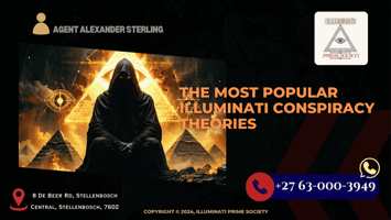 An enigmatic and shadowy figure surrounded by symbols often associated with the Illuminati, such as the all-seeing eye and pyramids.