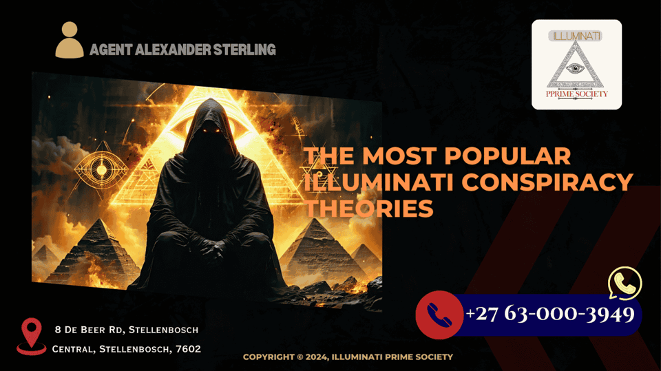 An enigmatic and shadowy figure surrounded by symbols often associated with the Illuminati, such as the all-seeing eye and pyramids.