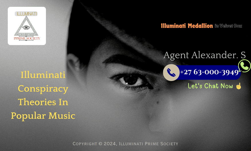 An enigmatic collage featuring famous musicians and Illuminati symbols like the all-seeing eye and pyramids.