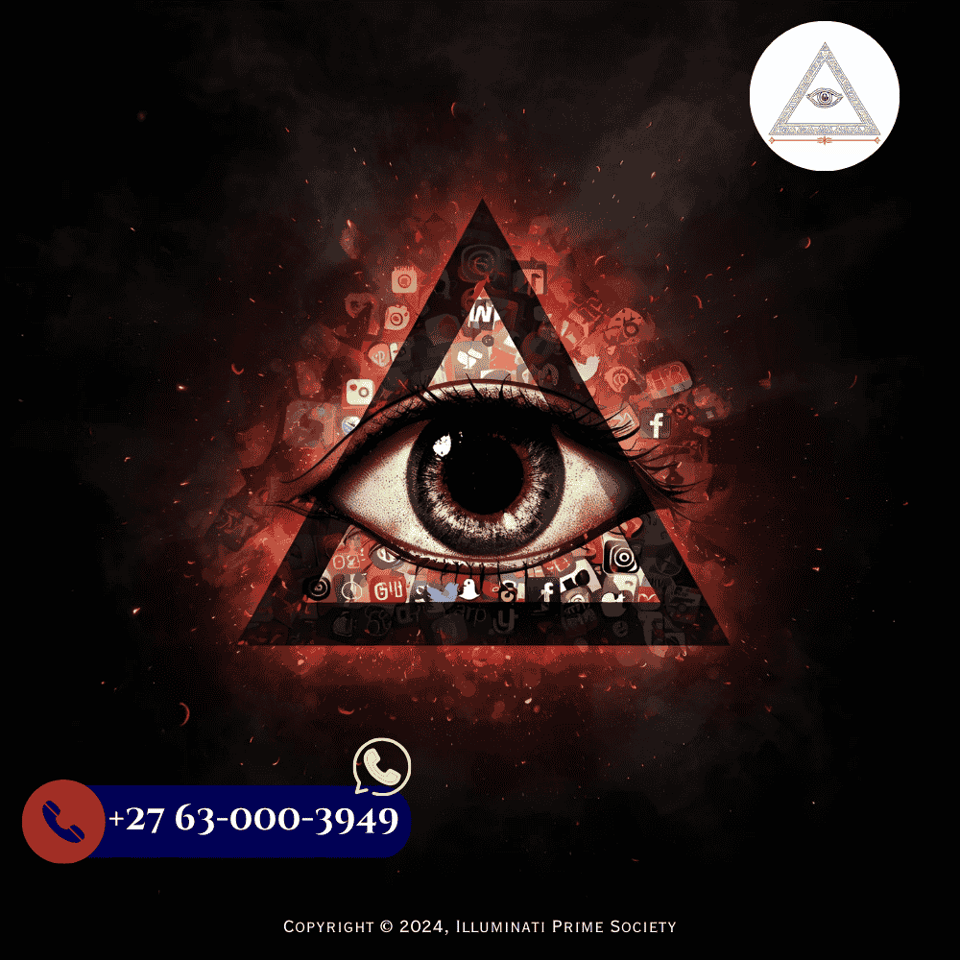 An enigmatic eye symbol superimposed over popular social media icons, representing the spread of Illuminati conspiracy theories online.