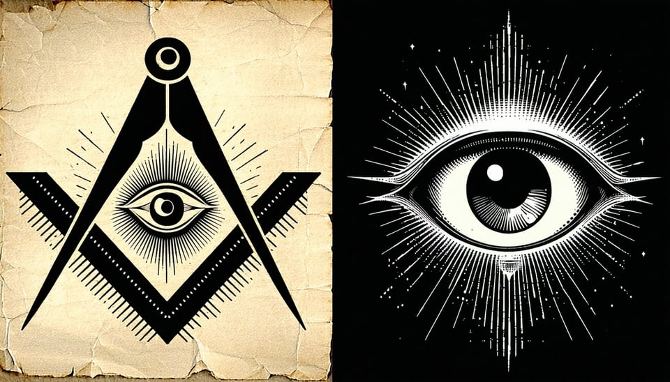 A mysterious and symbolic image featuring the square and compass of Freemasonry juxtaposed with the Eye of Providence, often associated with the Illuminati.