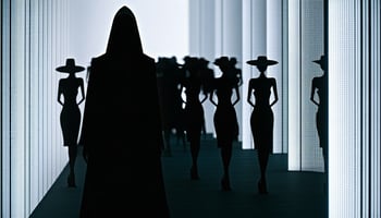 A mysterious, shadowy figure behind a fashion runway, symbolizing the hidden influence of the Illuminati in the fashion world.