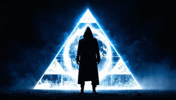 A shadowy figure standing in front of an illuminated pyramid symbol, representing the mysterious and secretive nature of the Illuminati.