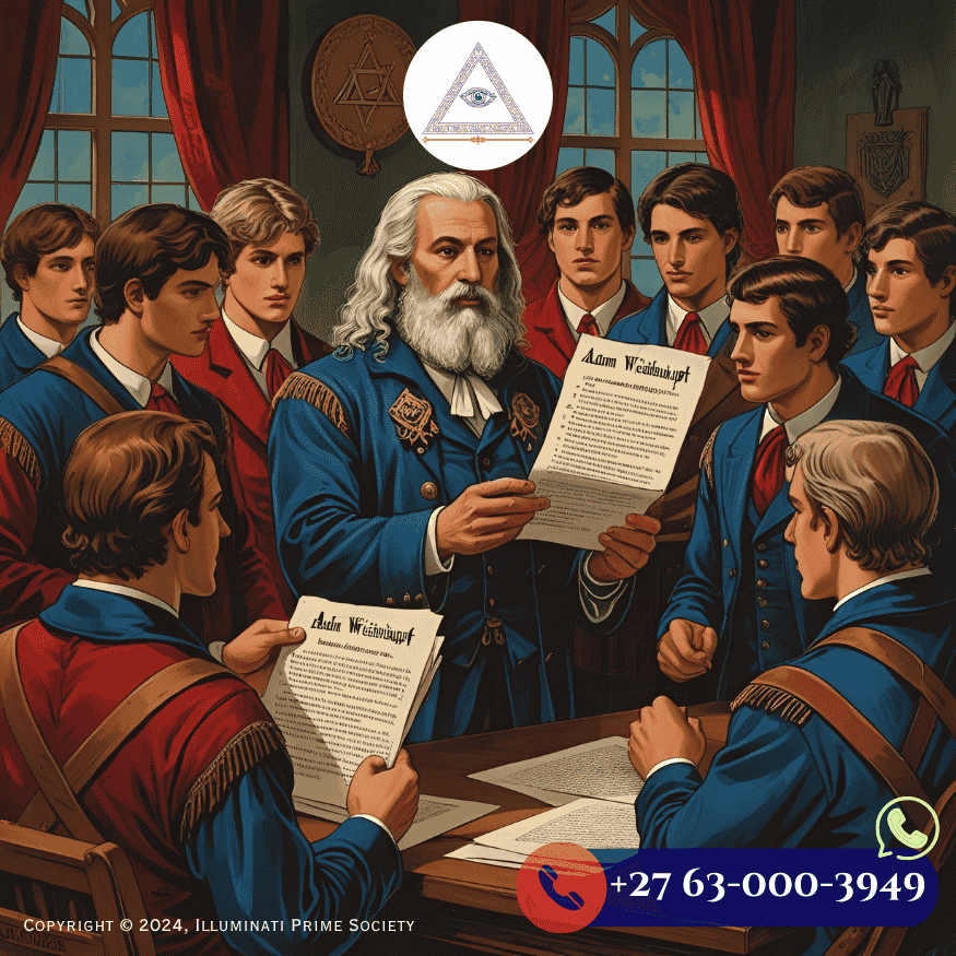 Historic depiction of Adam Weishaupt presenting secret documents to recruits.
