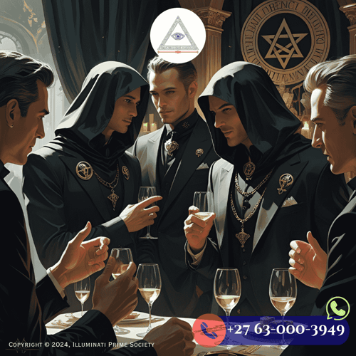 Modern-day members networking at an exclusive Illuminati event.