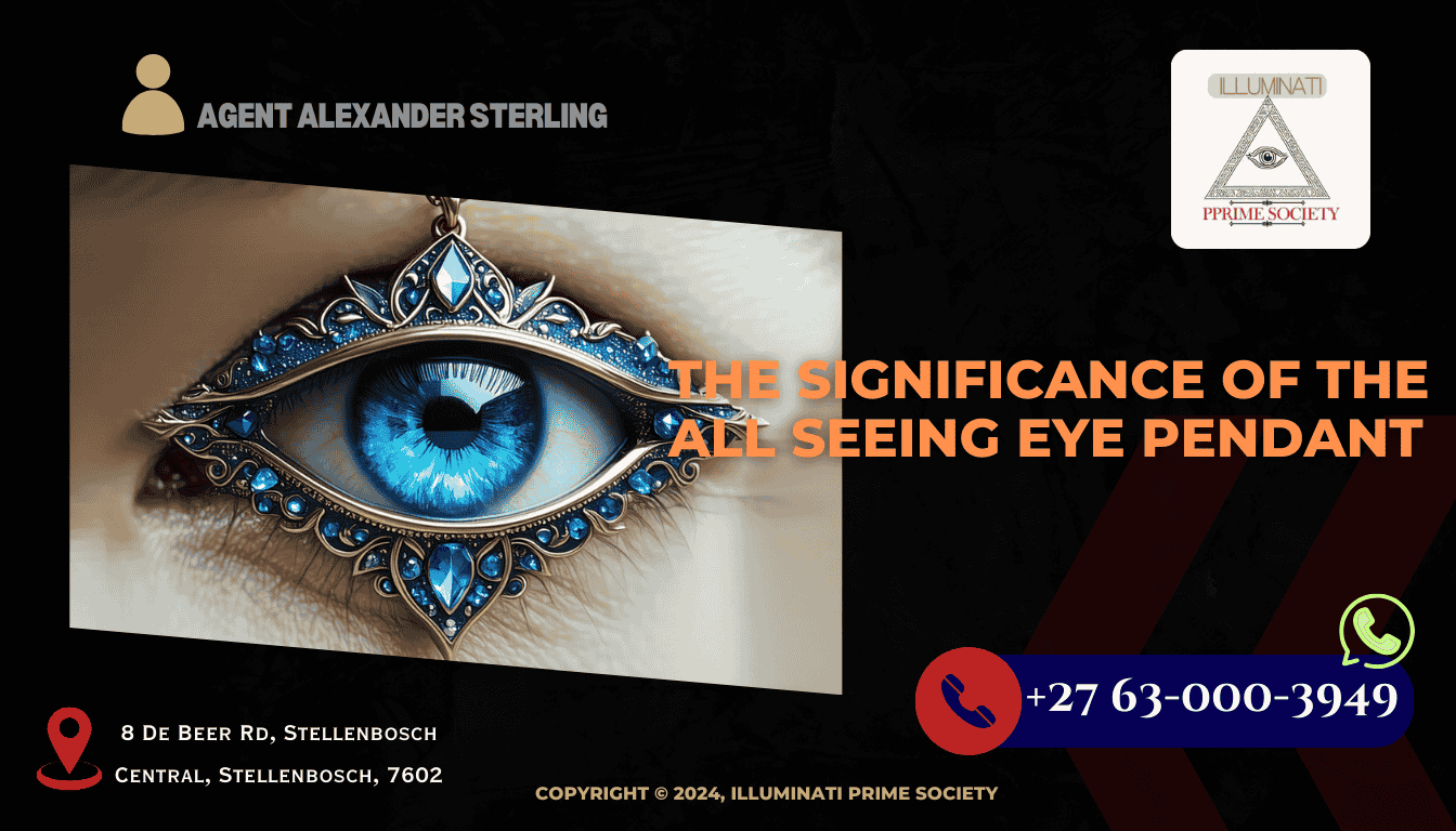 A close-up image of an intricately designed All Seeing Eye pendant, capturing its detailed craftsmanship and mystical allure.