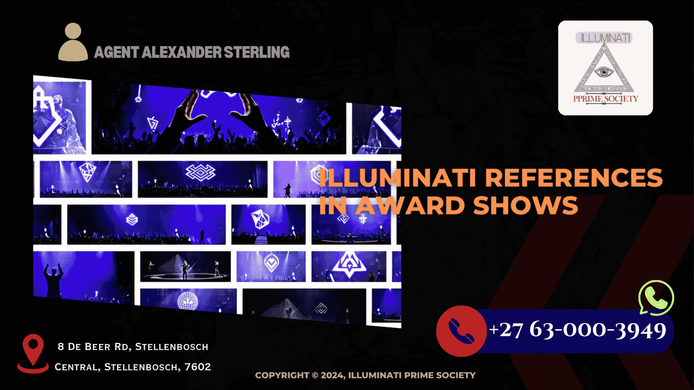 A collage of award show stages with mysterious symbols, cryptic hand gestures, and artists performing with enigmatic backgrounds.