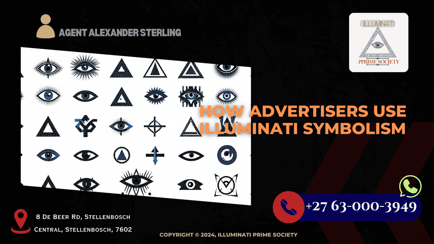 A collage of famous brand logos subtly featuring Illuminati symbols, such as the all-seeing eye and pyramids.