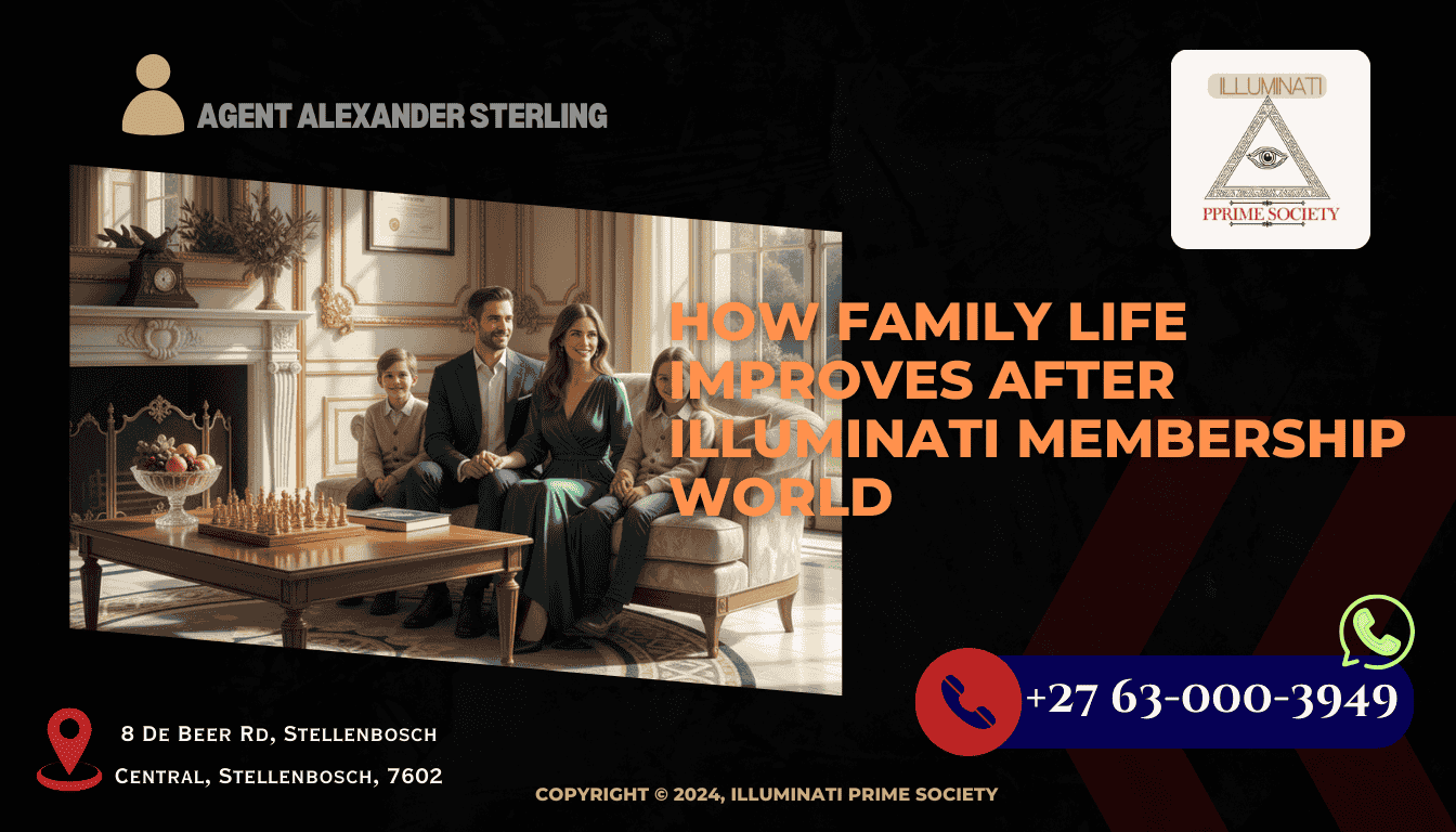 A harmonious family sitting together in a luxurious living room, symbolizing unity and prosperity post-Illuminati membership.