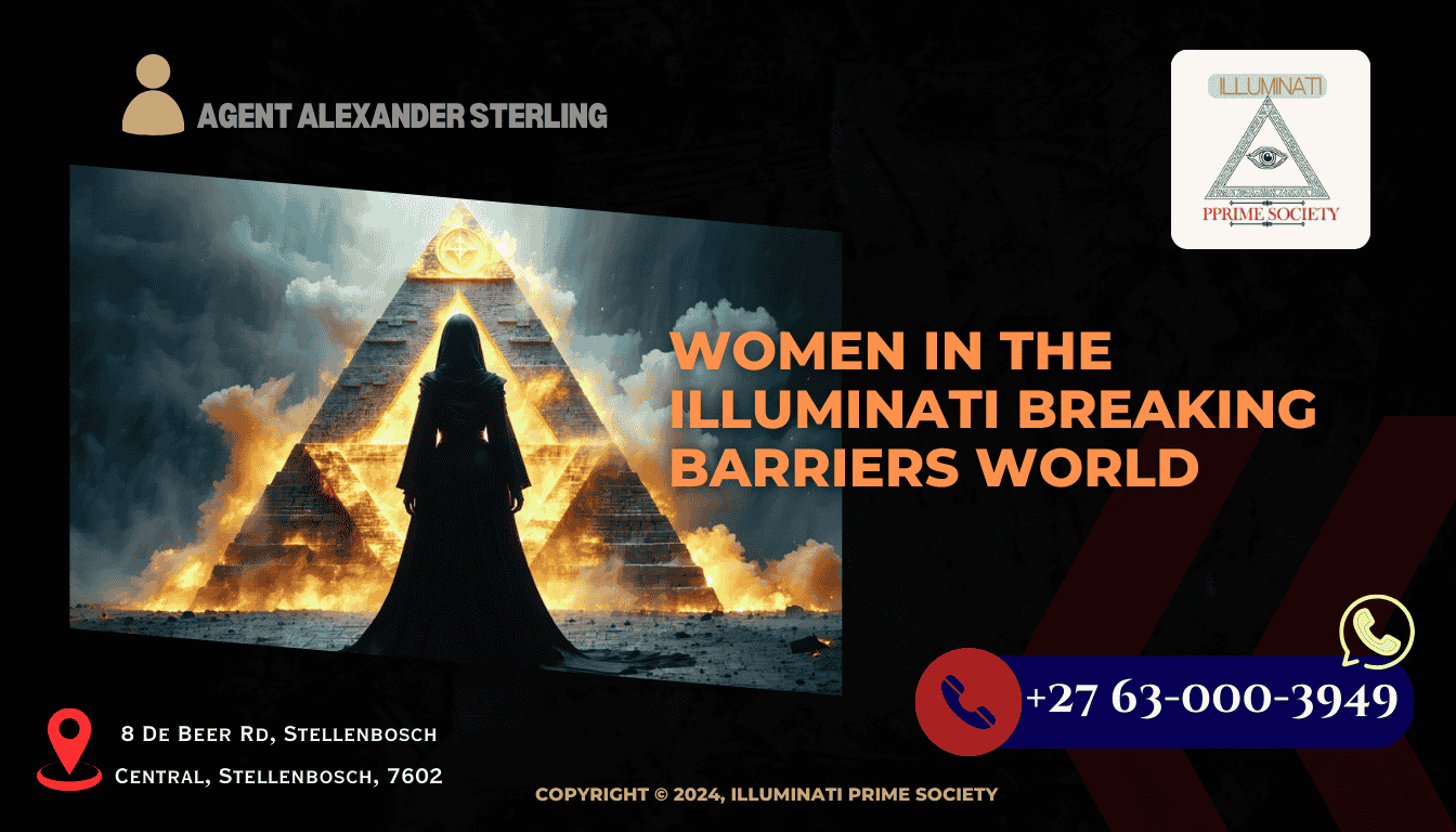 A powerful and mysterious woman standing before a symbolic Illuminati pyramid, representing strength and secrecy.