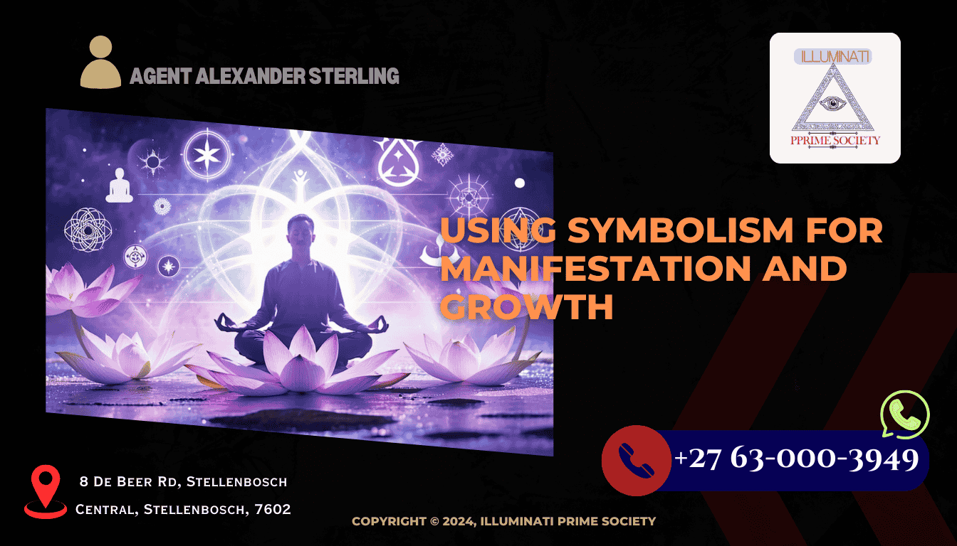 A serene image of a person meditating surrounded by symbols like a lotus flower, infinity sign, and other spiritual icons, illustrating the concept of symbolism in manifestation.