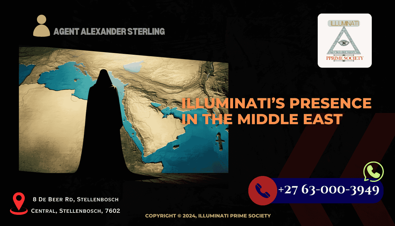 A shadowy figure overlooking a map of the Middle East, symbolizing the secretive nature of the Illuminati.