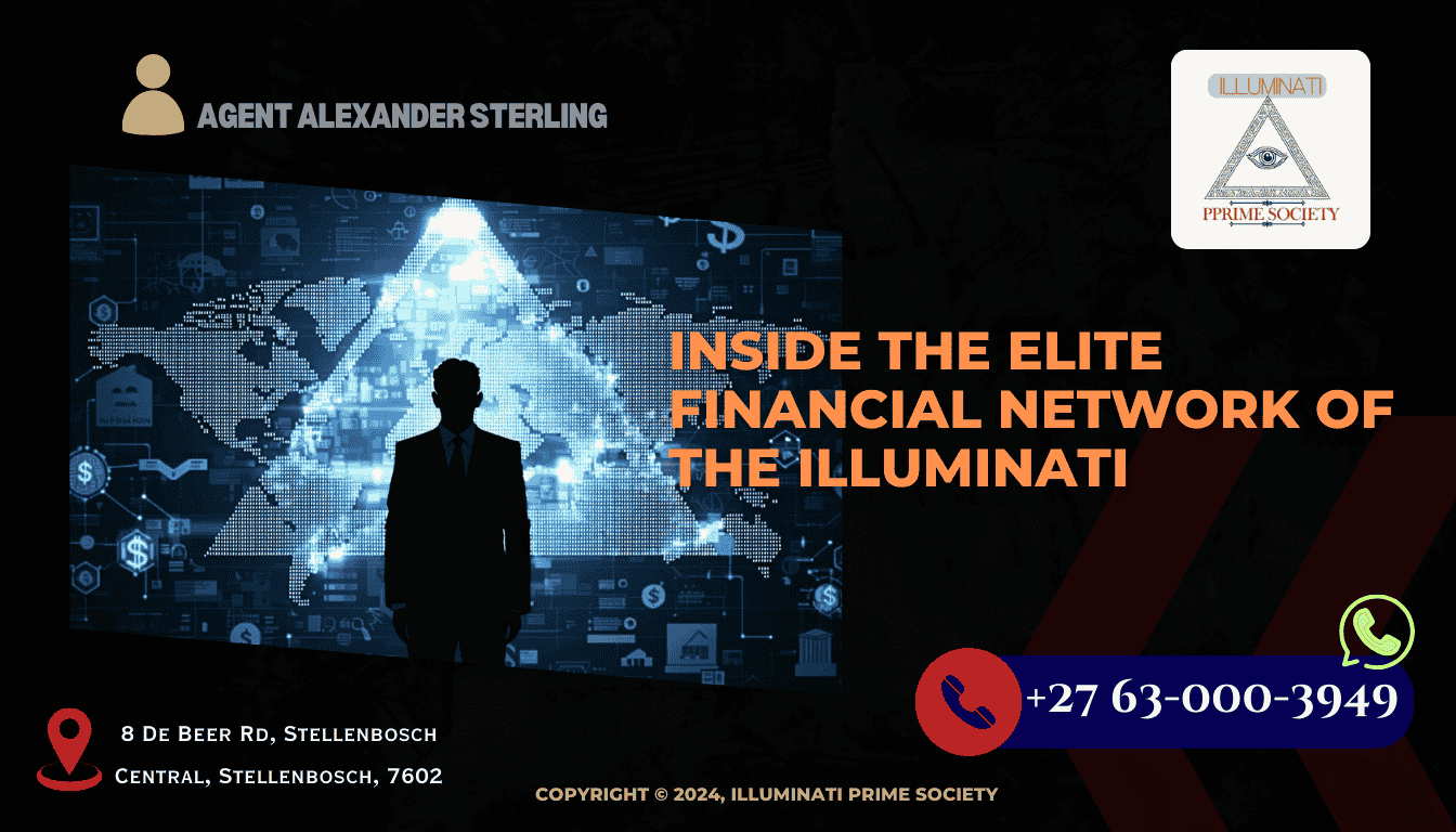 A shadowy figure standing before a backdrop of world currencies and financial symbols, symbolizing the enigmatic control of the Illuminati over global finances.