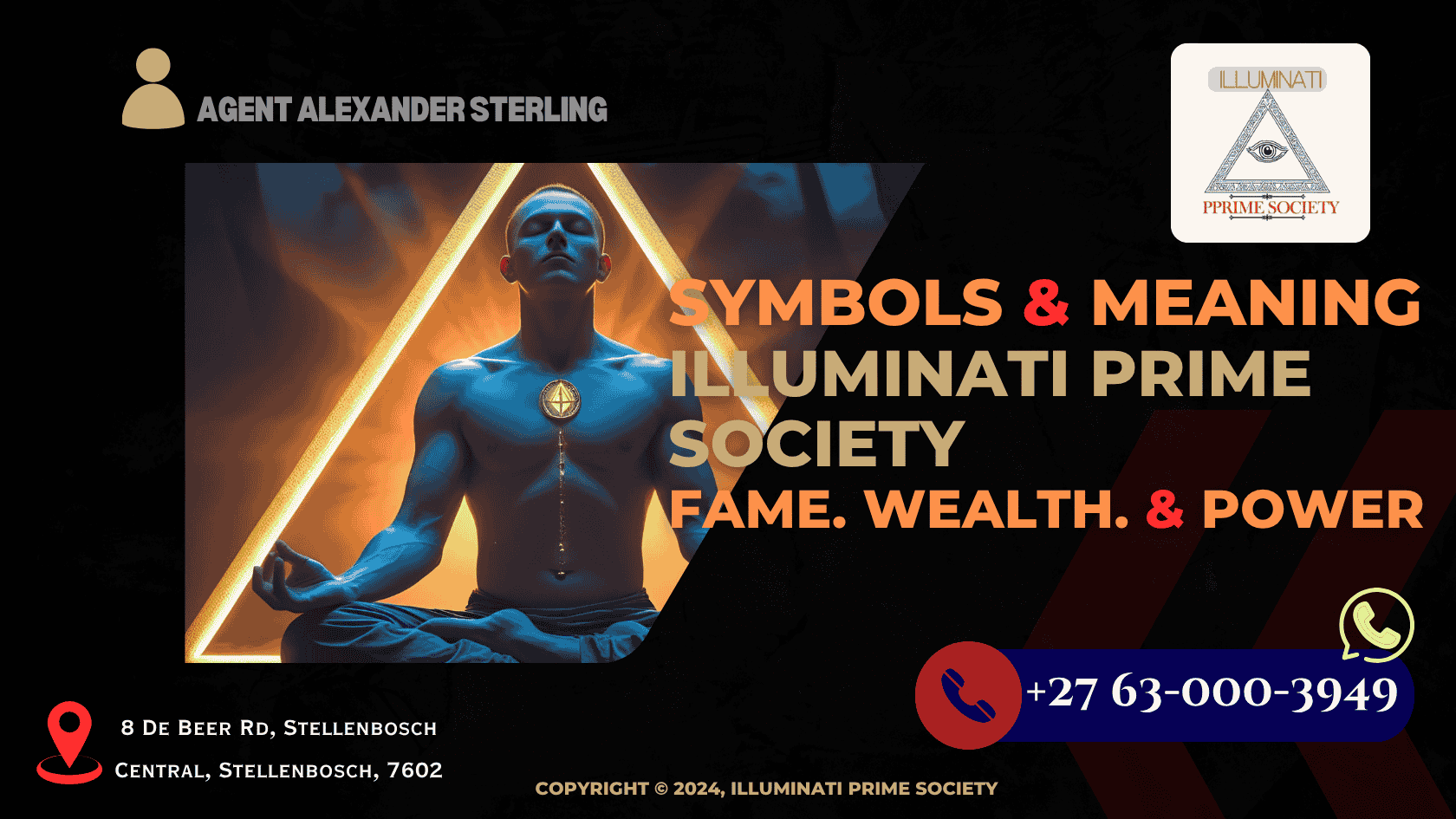 An Illuminati member meditating within a golden triangle at sunrise during a ritual retreat.