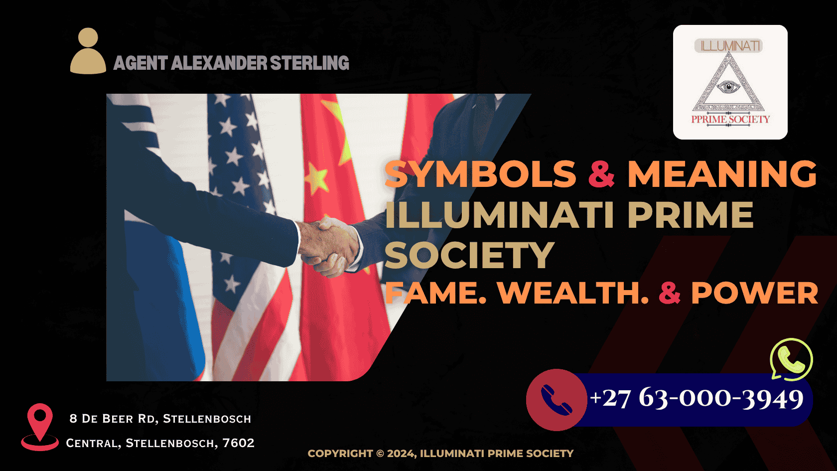 An elegantly dressed man receiving a symbolic Illuminati Prime Society pin from Agent Alexander Sterling. (1)